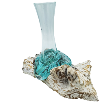 Sticlă Topită pe Lemn - Alb Spălat - Vază Mică